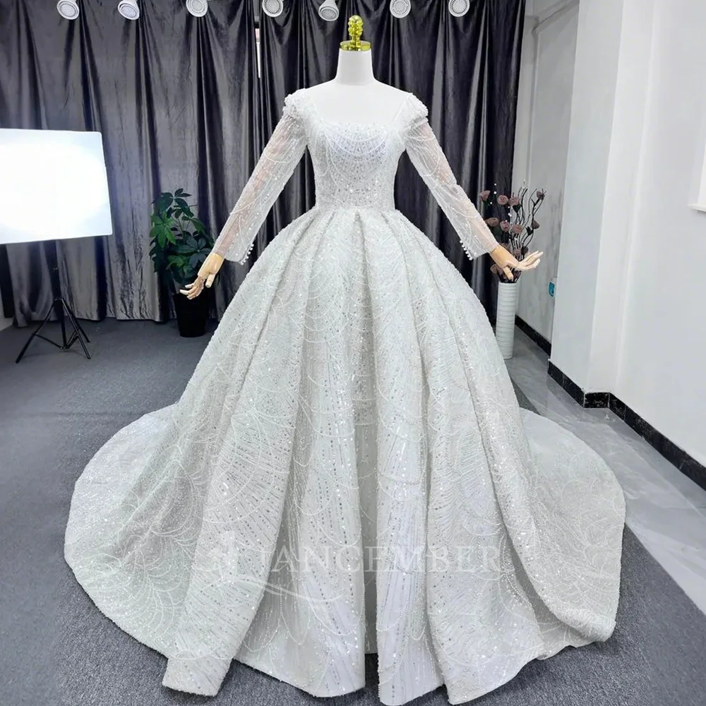 Customized Vestido De Noiva boda Long Sleeve Superfine Ball Gown Wedding Dress Hand Made Flowers Sequined Beading Hochzeitskleid