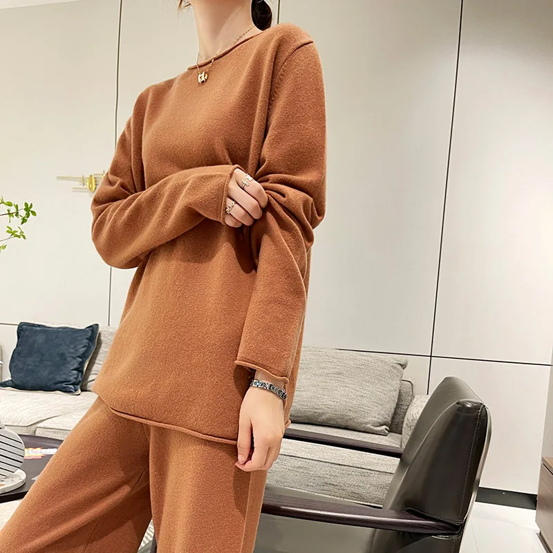 SZDYQH 100% Merino Wool Suit Autumn/Winter New Fashion Two-Piece Set Women\'s Round Neck Pullover Casual High Waisted Pants Suit