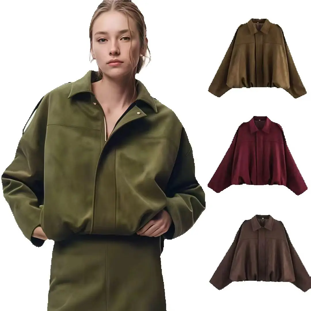 Chaqueta Bomber de Ante Sintético para Mujer con Cuello Solapa, Diseño de Tirantes en Hombros, Oversize, Holgada, Manga Larga, Cremallera, Cordón Ajustable en el Bajo, Casual, Otoño