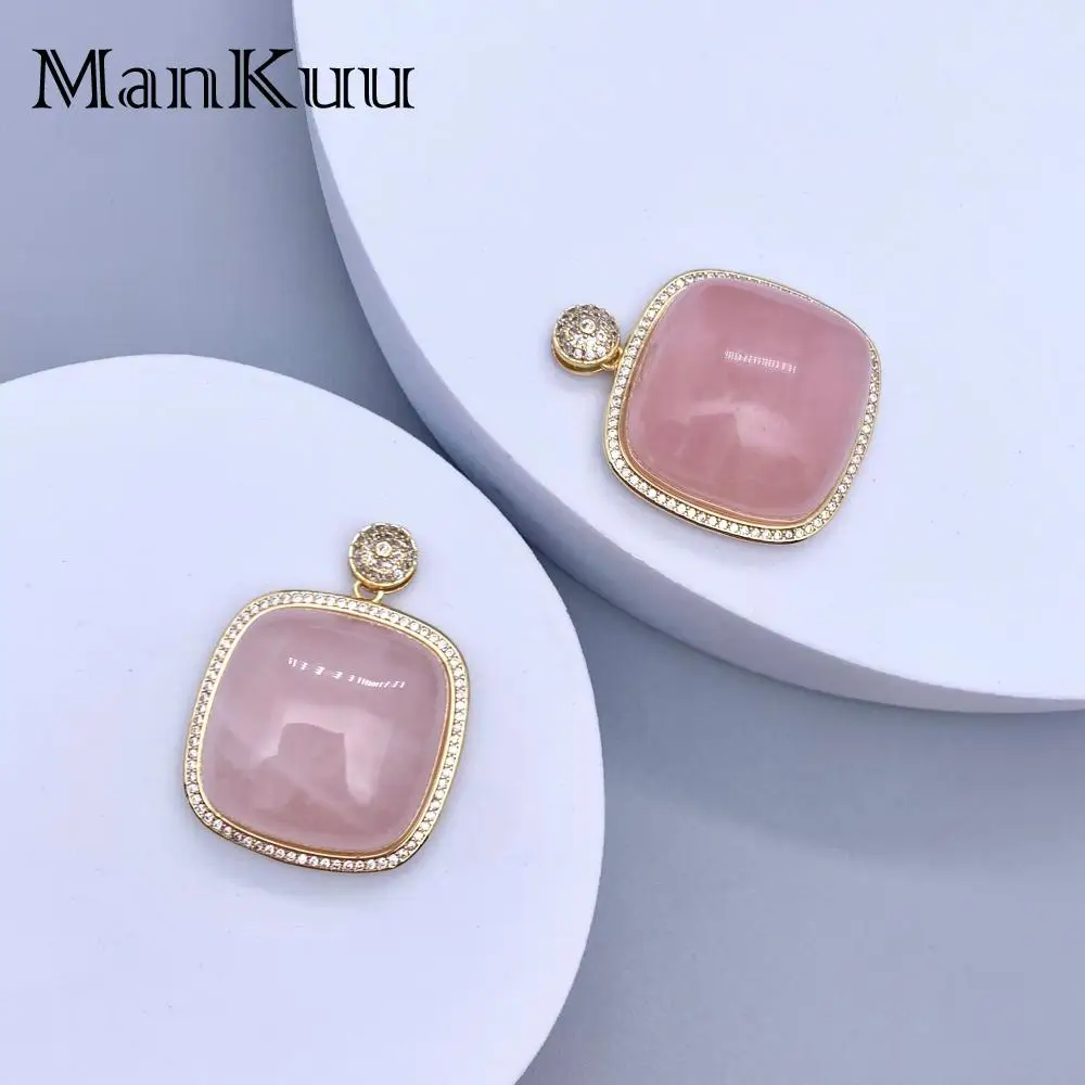 Mankuu Fashion Jewelry Natural Crystal Stone 25mm Rose Quartz Square Gold Plated Pendant With Zircon For Women Necklace Gifts