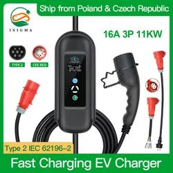 Isigma Wallbox 11kw Charger Type 2 3 Phase 8A 10A 13A 16A Adjustable IEC 62196 CEE Red EU Plug 380V Fast EV Charger Type 2