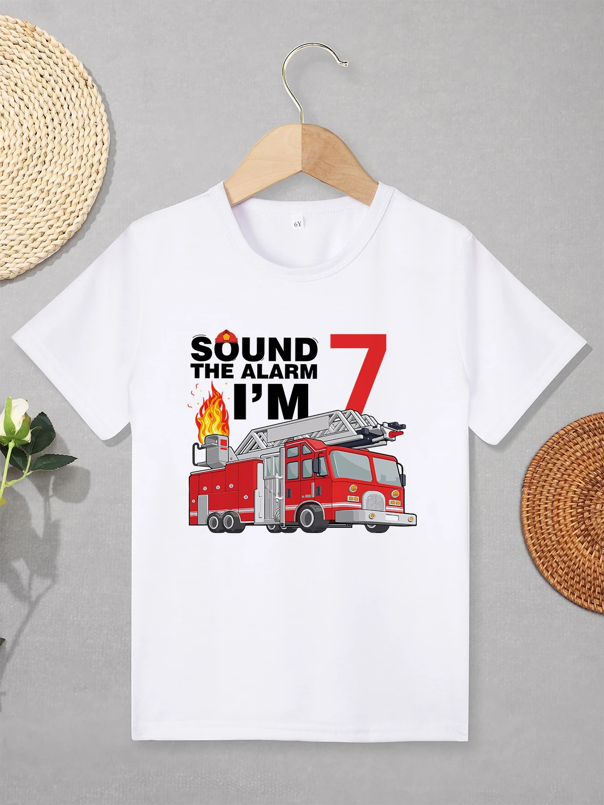 Sound The Alarm I'm 7 Years Fun Boys Clothes Fire Engine Print Cartoon Fashion Kids Streetwear T-shirt White Crew Neck Tops