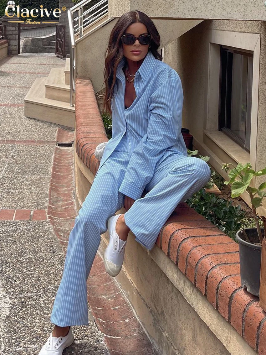 Modne komplety ze spodniami luźny pasek dla kobiet 2 sztuki koszula z elegancka, długa rękawem z spodnie z wysokim stanem zestawem Streetwear