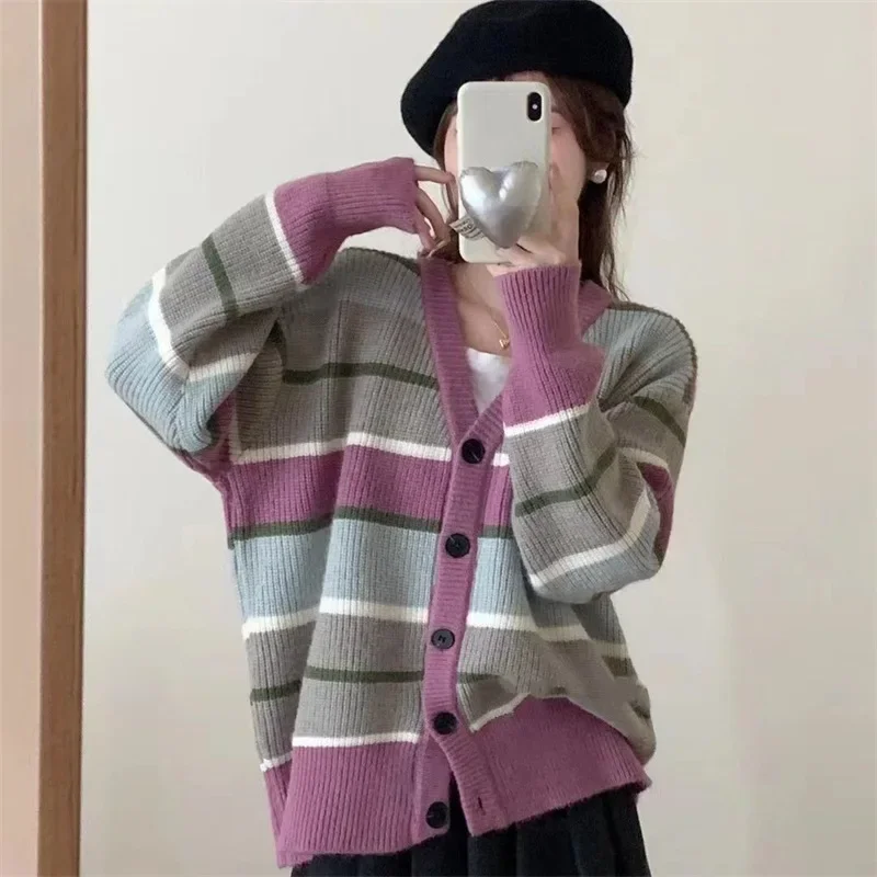 

Women's Striped Short Sweater, Loose Coats, V-Neck Cardigan, Single Breasted, Knitted Tops, Female Fashion, Autumn, Winter, 2023