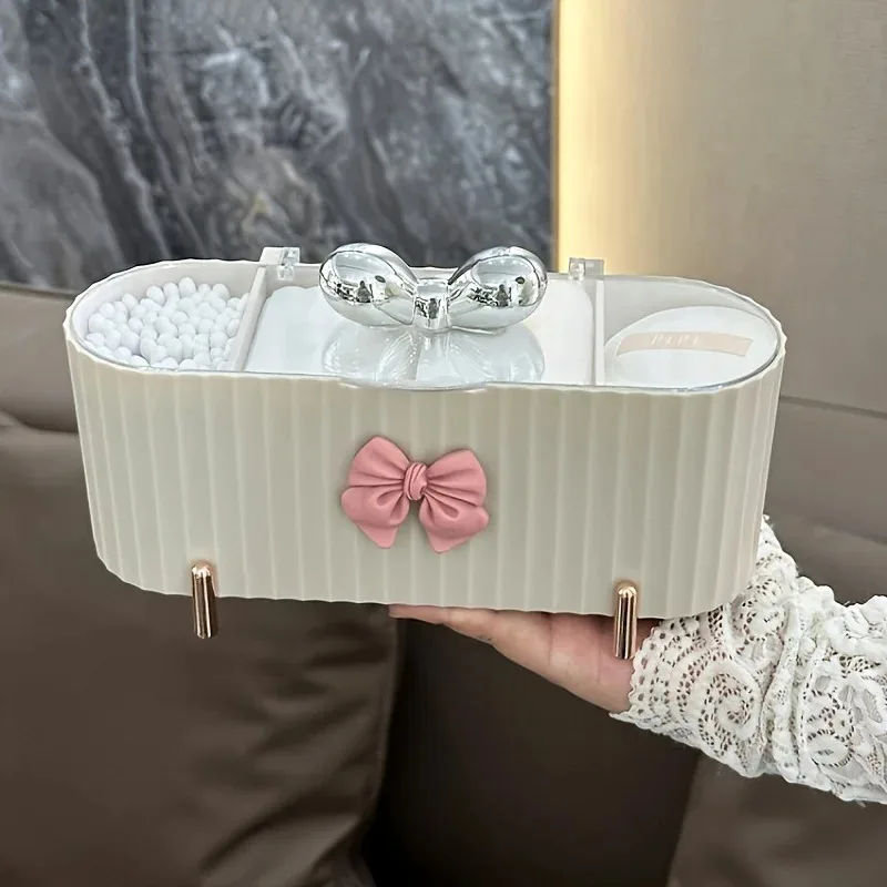 

1pc Cute Bow-Knot 3-Grid Makeup Organizer - Large Capacity Clear Lid Storage Box for Swabs, Powder Puffs & Cosmetics