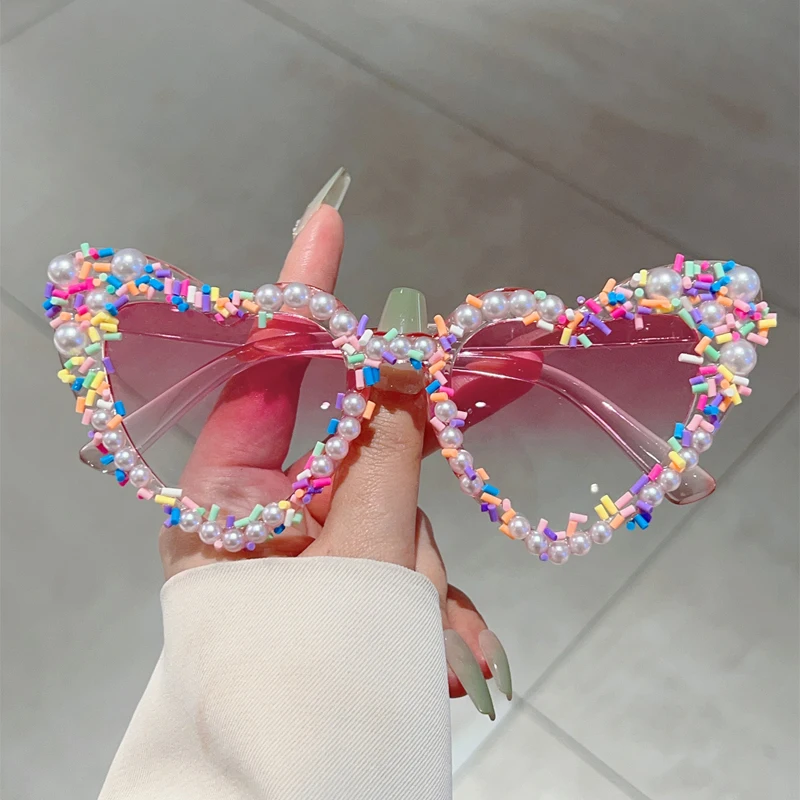 KAMMPT Heart Shape Sunglasses with Pearls and Jimmies Fashion Cute Gradient Multi-color Decor Shades Trendy Original Sun Glasses