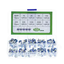 Kit Resistores Variáveis para Trimmer, Potenciômetro, Resistores ajustáveis Set, 500 Ohm -1M Ohm, 1K, 10K, 100K, 100 PCs/Box, RM065, 100 PCs/Box