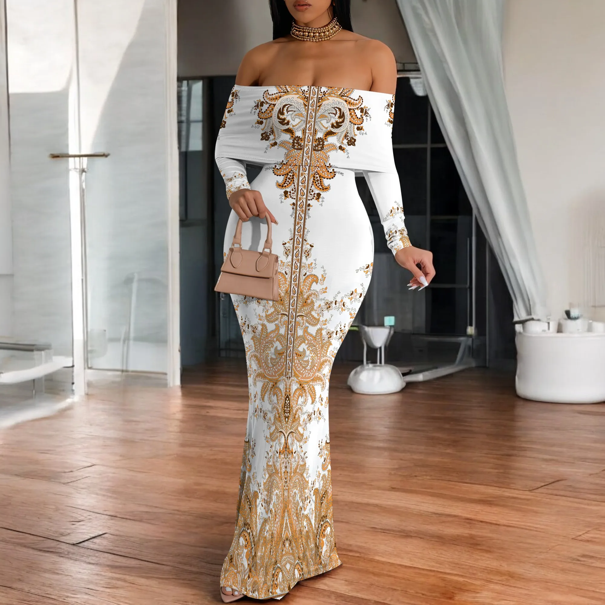 

Yellow Green Gradient Off Shoulder Maxi Dress Long Sleeve Bodycon Holiday Dress for Summer Travel