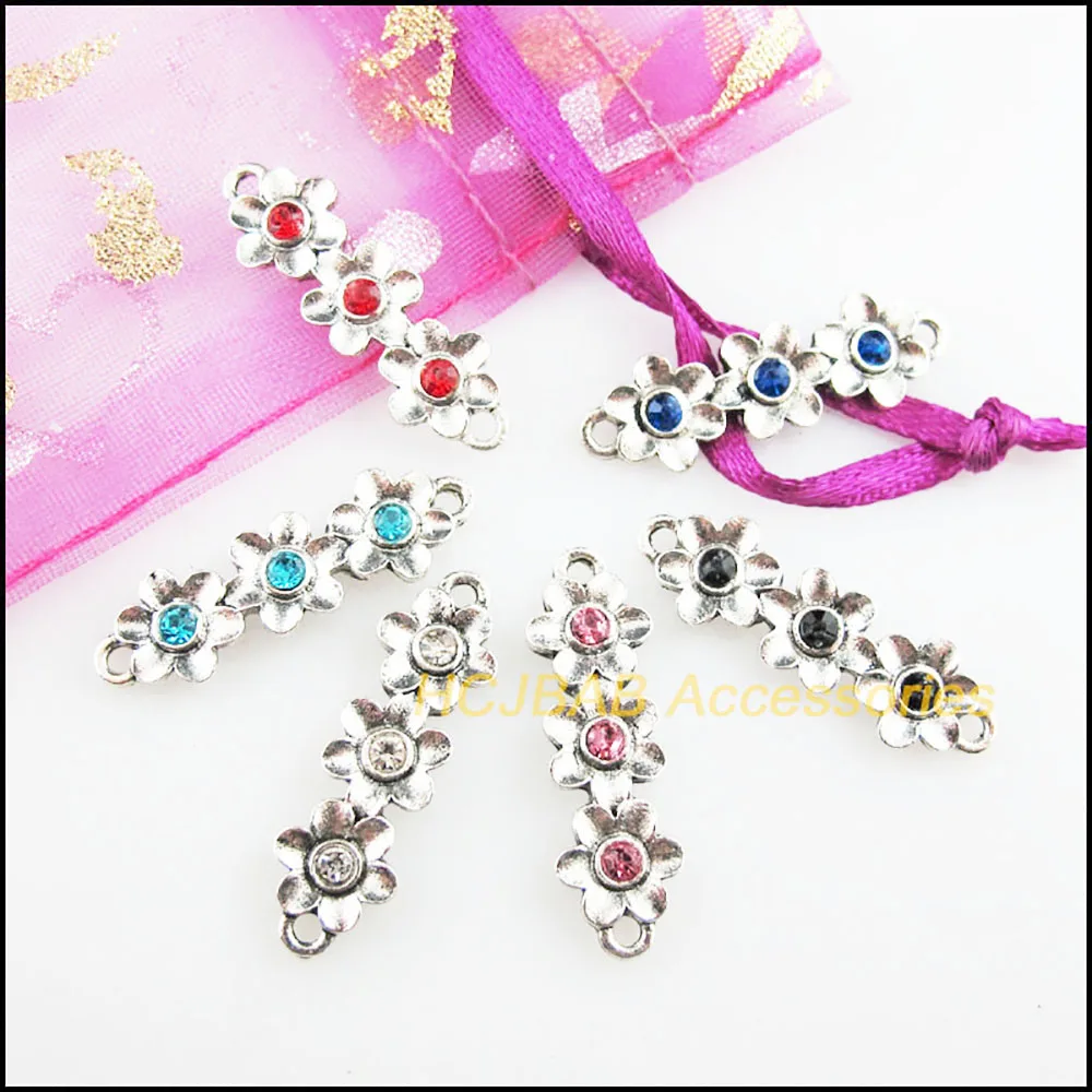 12 New 3-Flower Charms Tibetan Silver Color Crystal Mixed Connectors 8.5x28mm