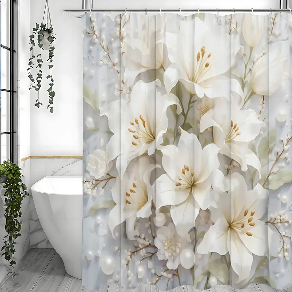 White Floral Pearl Shower Curtain, Bathroom Decorative Shower Curtain, Waterproof Shower Curtain with Hooks 3