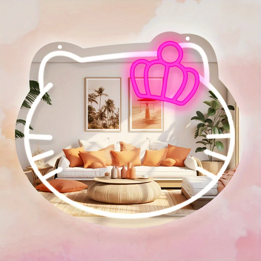 

Неоновая вывеска Hello Kitty с зеркалом, подарок на день рождения для девочки, милый неоновый светильник-зеркало для салона красоты, макияжной комнаты, спальни, магазина, декора стен