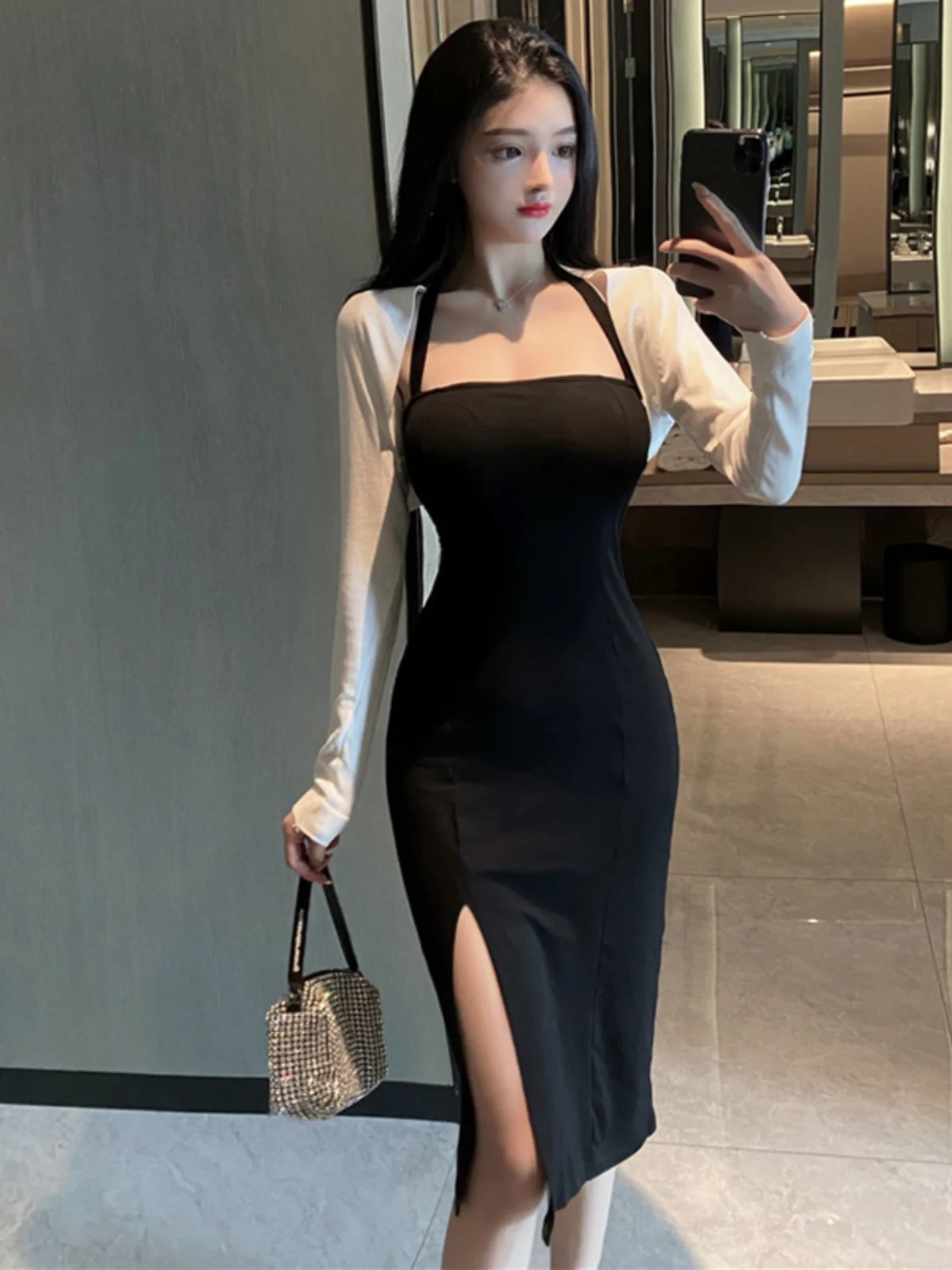 

Summer Trendy Knitted Small Shoulder Wrap Cardigan Women's Mid-Length Skirt Two-Piece Set Cotton Material Open Split Design