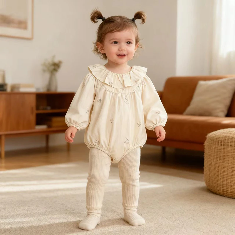 ربيع جديد 2026 رومبير مطرز للفتيات الصغيرات 0-24 متر بأكمام طويلة من القطن لحديثي الولادة ملابس داخلية للفتيات الصغيرات رومبير على الطراز الكوري