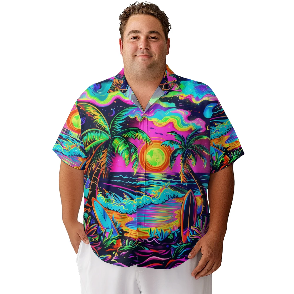 

2024 new Men's shirts plus size Color waves beach coconut grove printed clothing casual short-sleeved