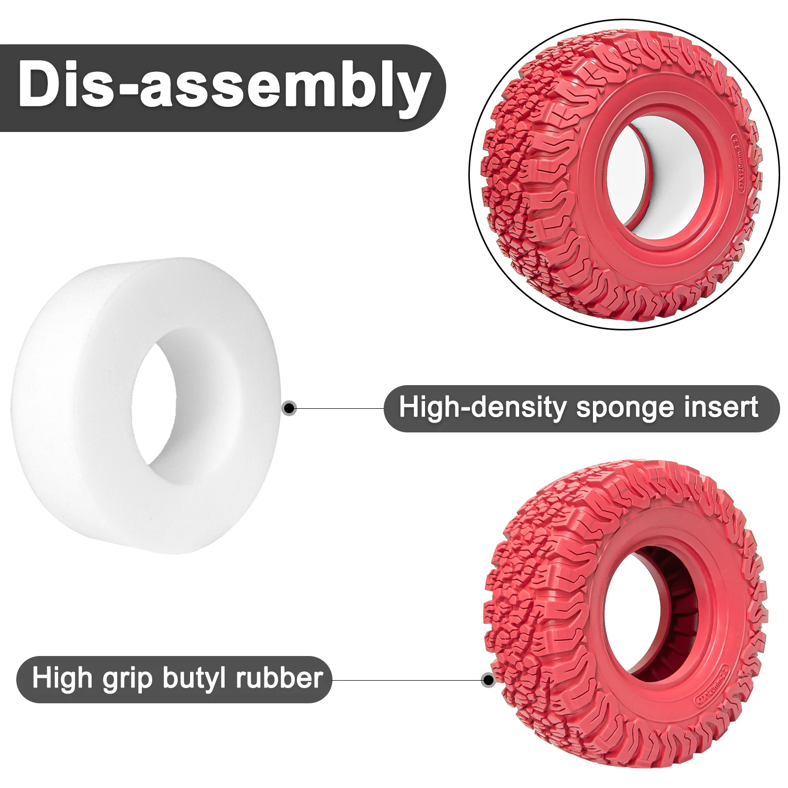 OKHL 4개 2.2인치 부틸 고무 타이어 고밀도 스펀지 인서트 포함 1/10 RC 락 크롤러 휠 업그레이드 부품