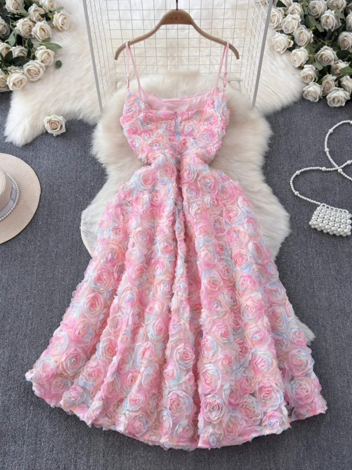 Estate Nuovo Sle 3D Pizzo floreale Dr Design Pesante Vita impreziosita Dimagrante Par Abito rosa Gonna lunga Vita alta A-Line Dr