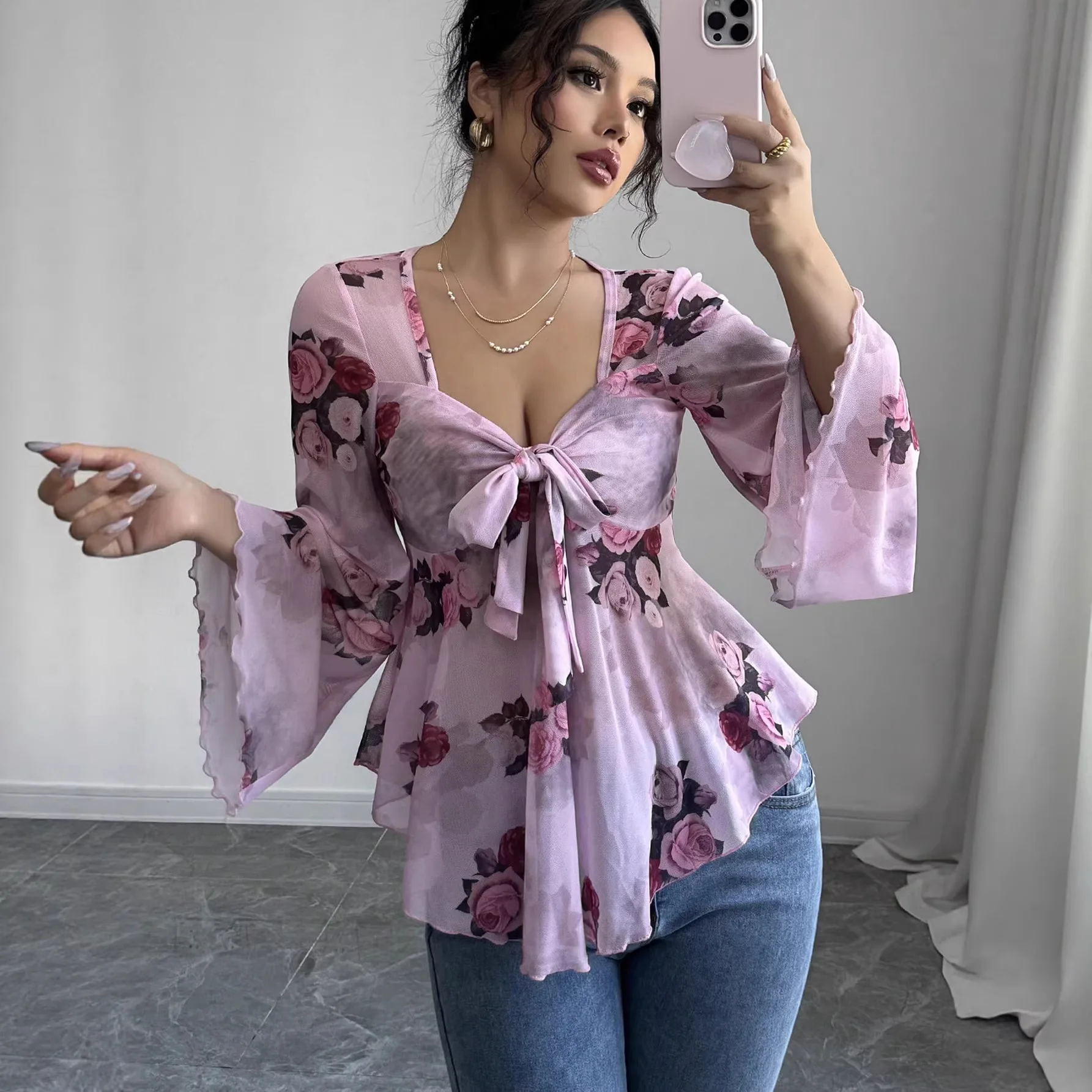 

2026 New Women's Sweet Top Design French Flower Blouses Smudge Strap Square Collar Long Sleeve Shirt