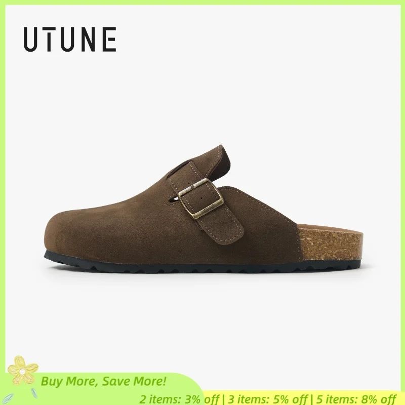 

UTUNE PU Leather Boken Slippers for woman Cork Sole Anti-Slip Durable TPR Outsole Shoes woman Comfortable Women‘s Casual mules