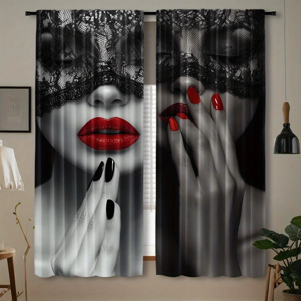 Black Lace Woman Curtains Red Lips Art Print Window Drapes Gothic Fashion Home Decor Living Room Bedroom Sexy Style Elegant