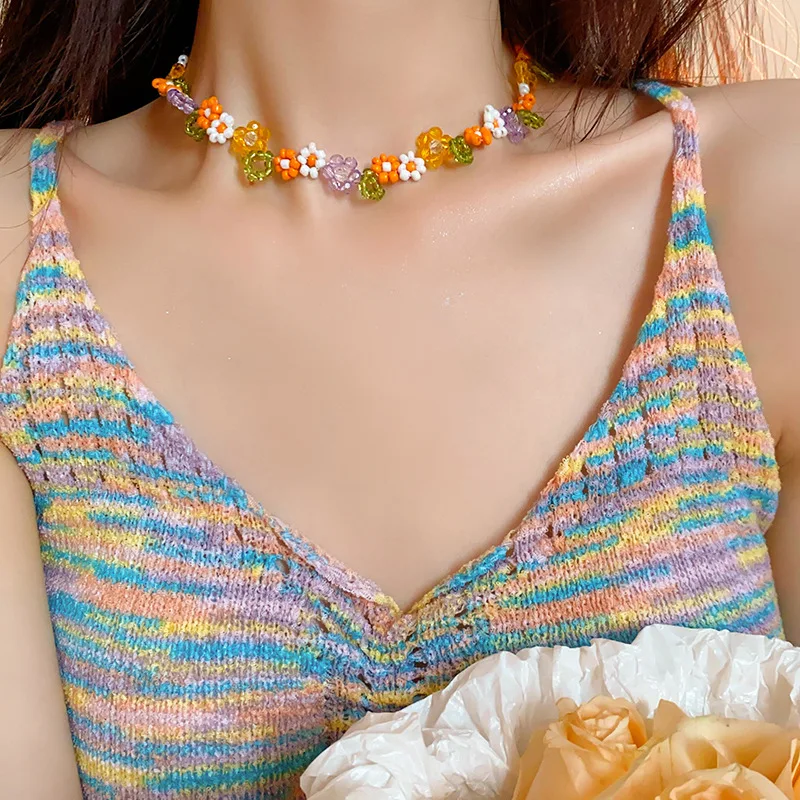 Colored Handmade Woven Bead Flower Necklace Collarbone Chain Temperament Style Jewelry Bracelet