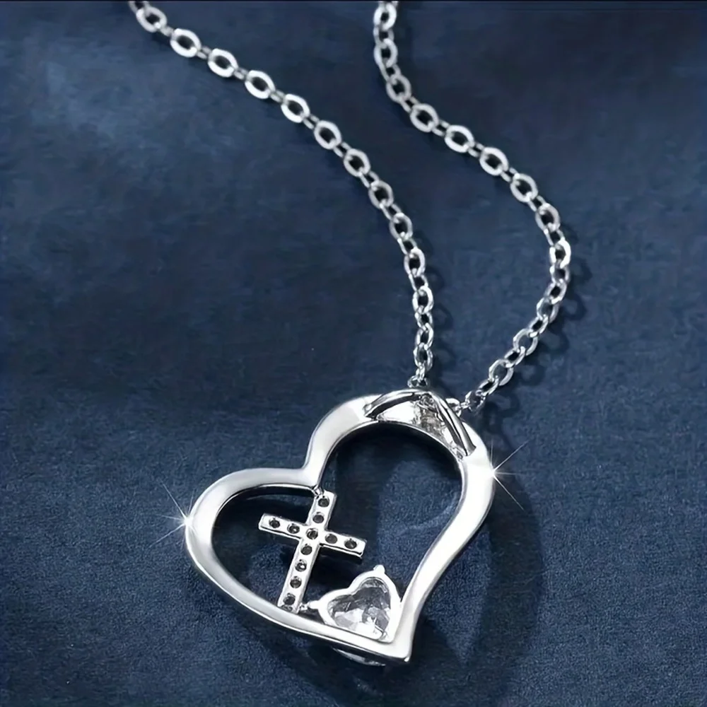 Cute Rhinestone Decor Heart-shaped Cross Pendant Necklace, Great Christmas Halloween Thanksgiving Day Gift, Valentine's Day Gift