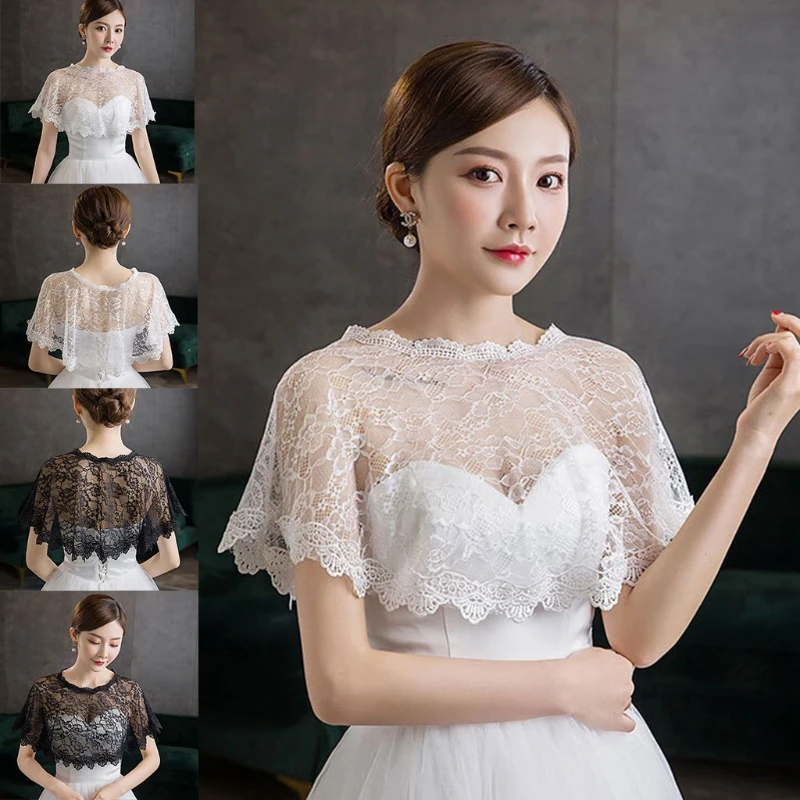 

Womens Embroidery Floral Lace Shawl Wrap Wedding Bridal Flapper Cover Up See-Through Prom High Low Shrug for Dropshipping