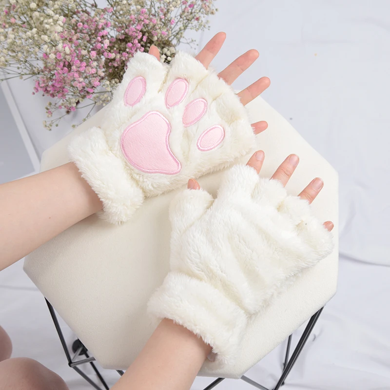 New Kawaii Women Warm Cat Gloves Fashion Girls Cat Claw Paw Plush Mittens Soft Plush Short Fingerless Half Finger Winter Gloves