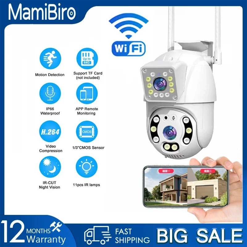 

Mamibiro 4MP PTZ Wifi Dual Camera Lens with Dual Screen CCTV Ai Human Detect Auto Tracking Wireless Outdoor Surveillance Camera