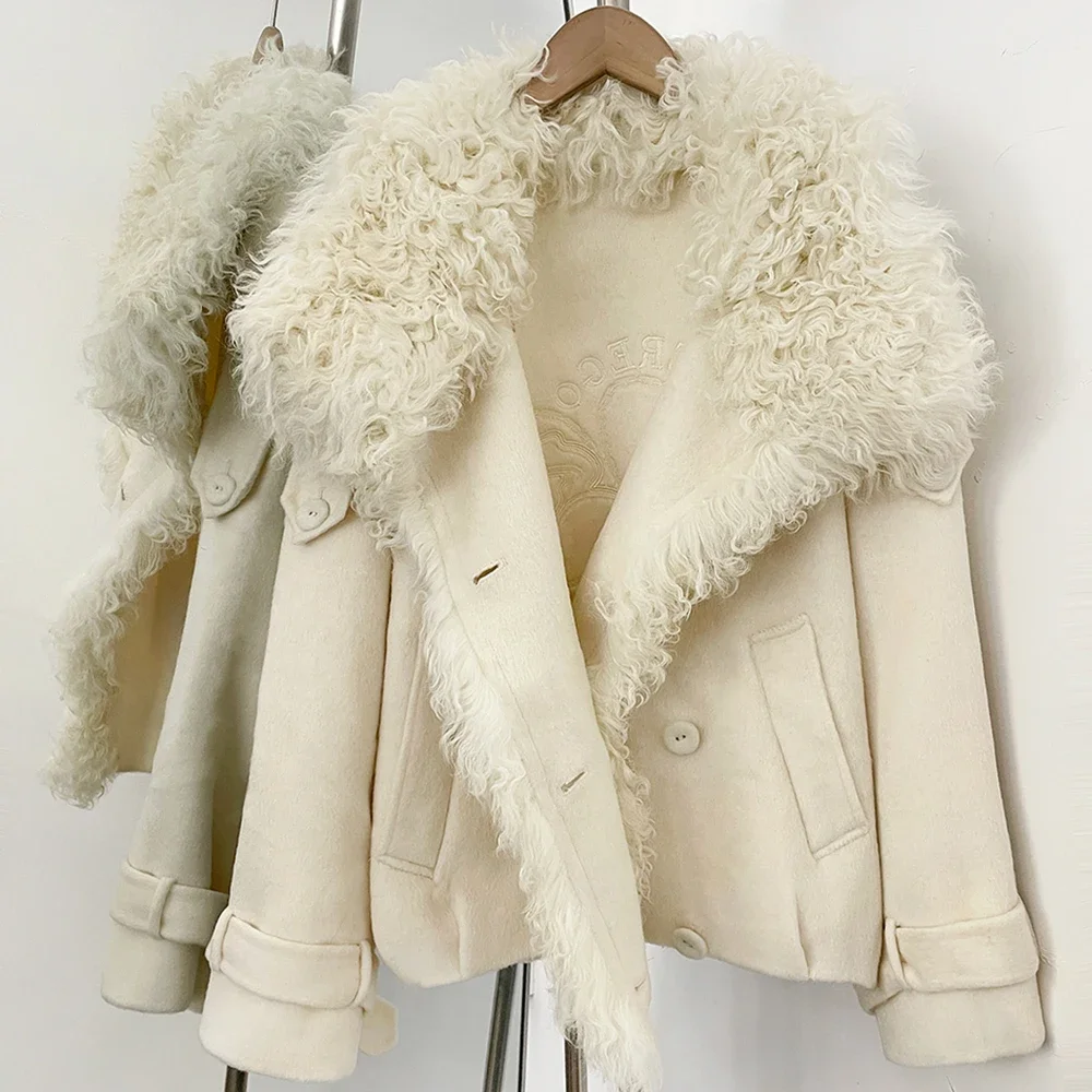 OFTBUY Neue Winter-Oberbekleidung für Damen, Kurzer Doppelreihiger Wollmantel, Natürliches Lockiges Echtfell von Mongolischem Schaf, Großer Reverskragen, Wolljacke – Detail 8