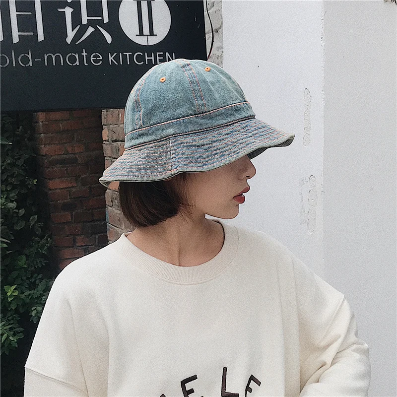 Japanese Harajuku Bucket Hats Women Summer Sunshade Retro Denim Basin Caps Showing Face Little Girl Literary Panama Sun Hat Men