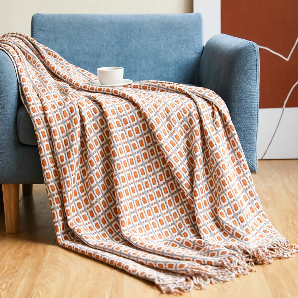 American Yarn Sofa Blanket Soft Knitted Woolen Plaid Blanket Checkered Tassel Small Blanket Summer Woven Blanket Anti-pilling