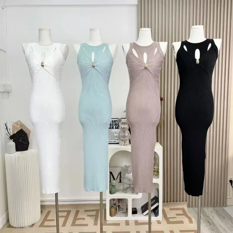

Dress Women's Summer Korean Style Round Neck Elegant Cutout Sleeveless Designer Knit Fitted Slimming Long Dress New Minimalist