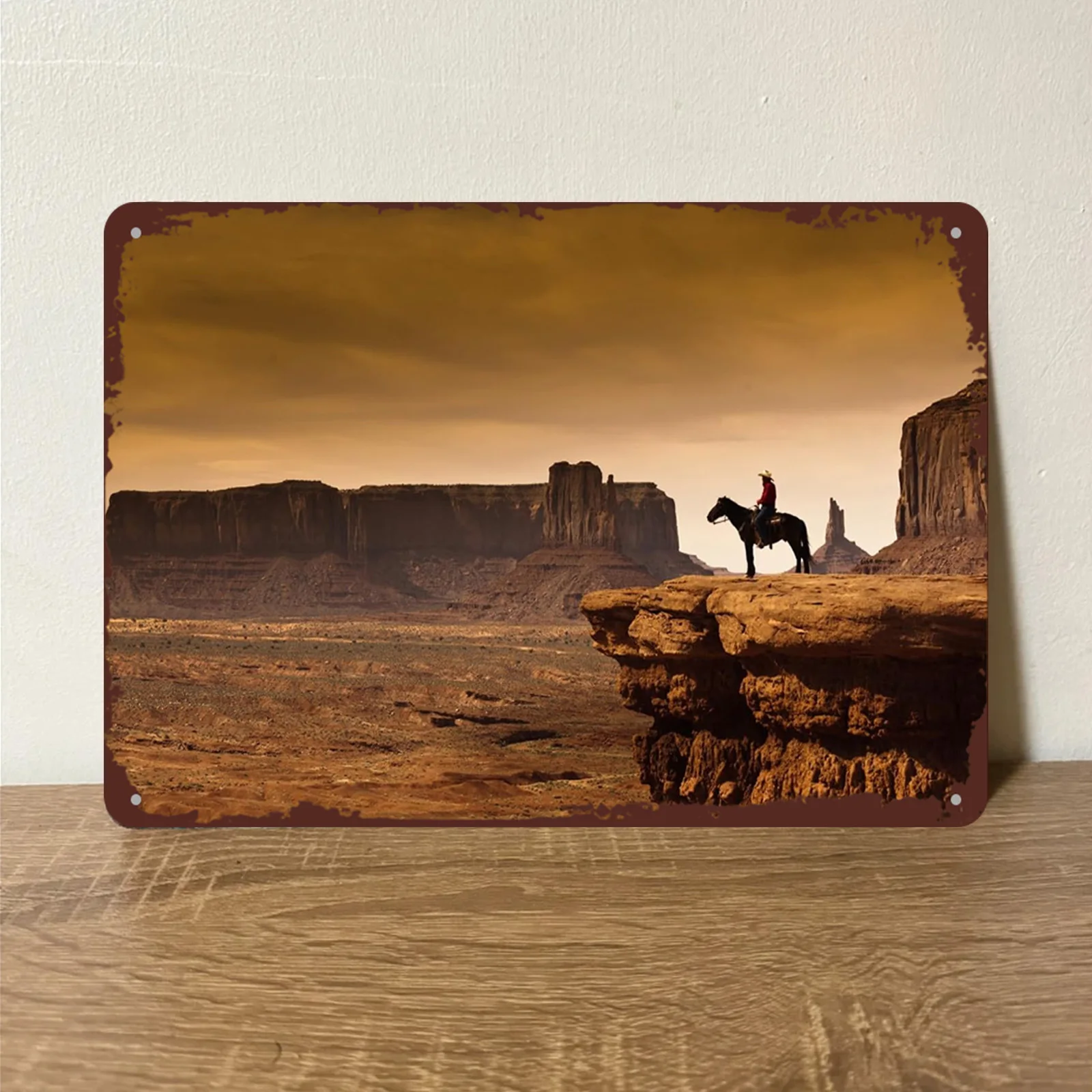 2D plane, western cowboy in the rural west and Indian mountain scenery metal sign - 8X12 inches home wall art decoration