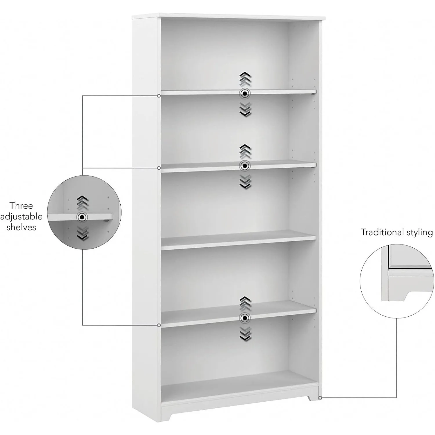 Cabot Tall 5 Shelf Bookcase Large Open Bookshelf in White Sturdy Display Cabinet for Library, Living Room