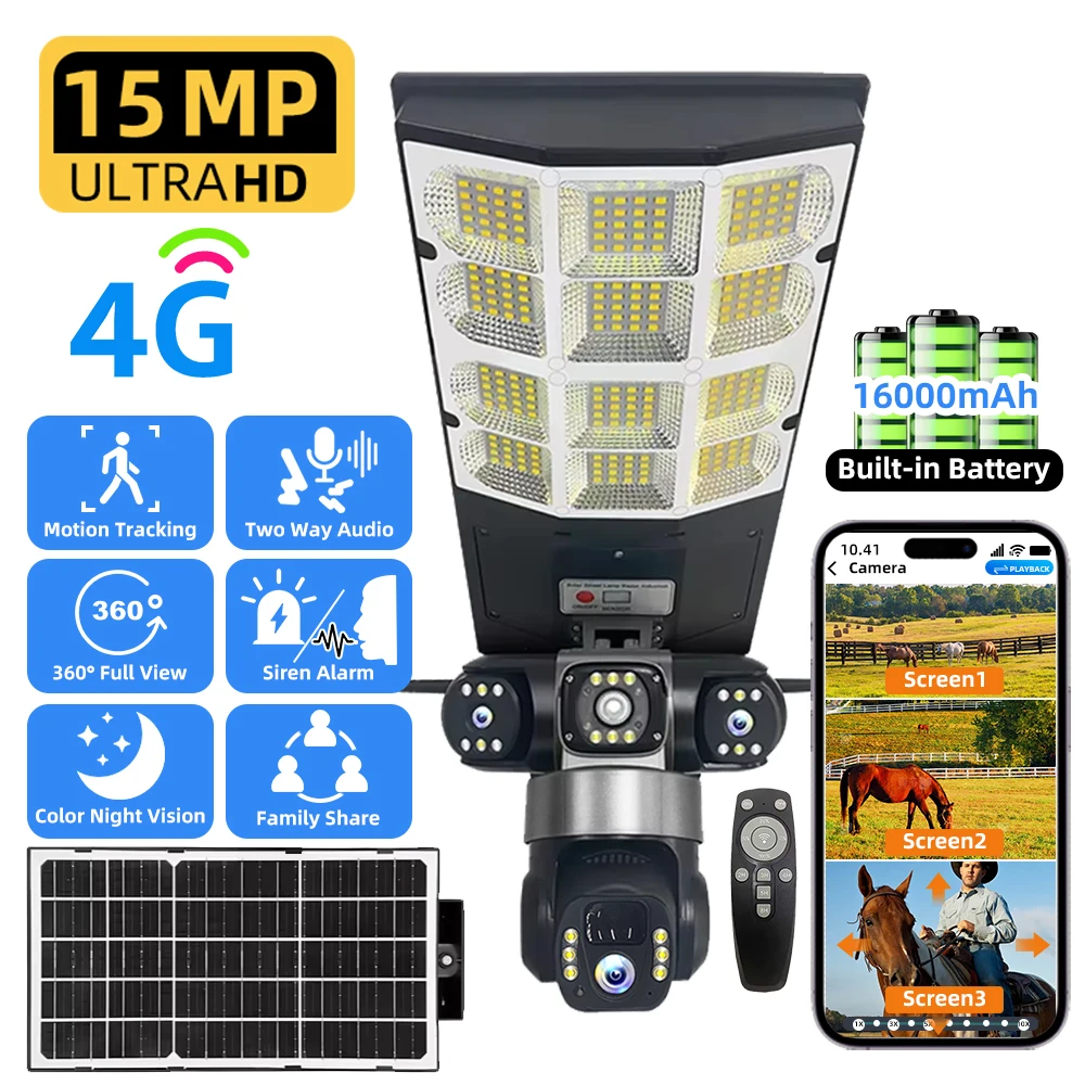 كاميرا مراقبة تعمل بالطاقة الشمسية 4G SIM 3 عدسات PTZ دوران كاميرات CCTV في الهواء الطلق حماية أمن الوطن الذكي V380