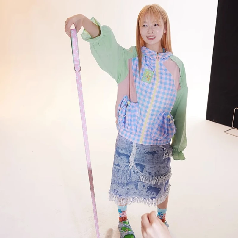 2025 Spring And Summer Thin Plaid Splicing Hooded Women's Jacket New UV Protection Loose Versatile Sunscreen Clothing Ladies