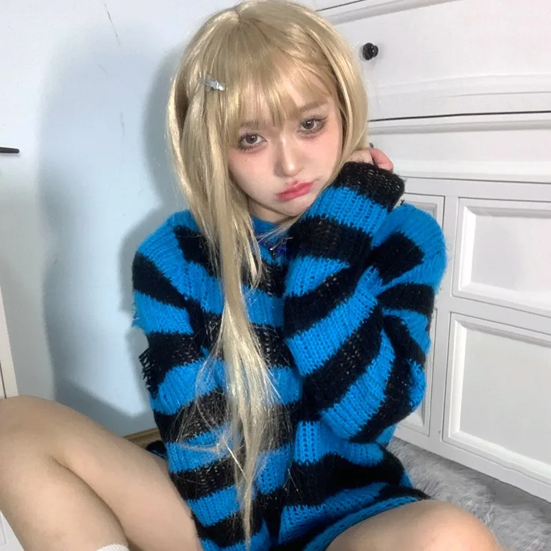 Karrram Japanese Harajuku Kawaii Pullover Y2k Aesthetics Hollow Out Striped Sweater 2000s E-girl Cute Knit Jumpers Fairy Grunge