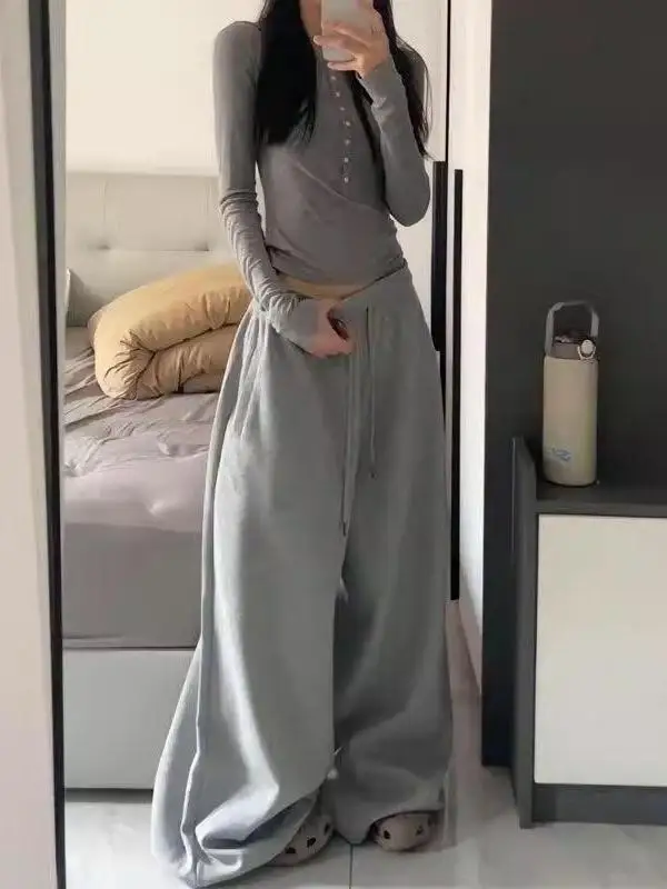 Reine Baumwolle Hohe Taille Breite Bein Casual Jazz Dance Hosen Trendy Frühling Herbst Sle Bequeme Lose Fit Gerade Bein Hosen