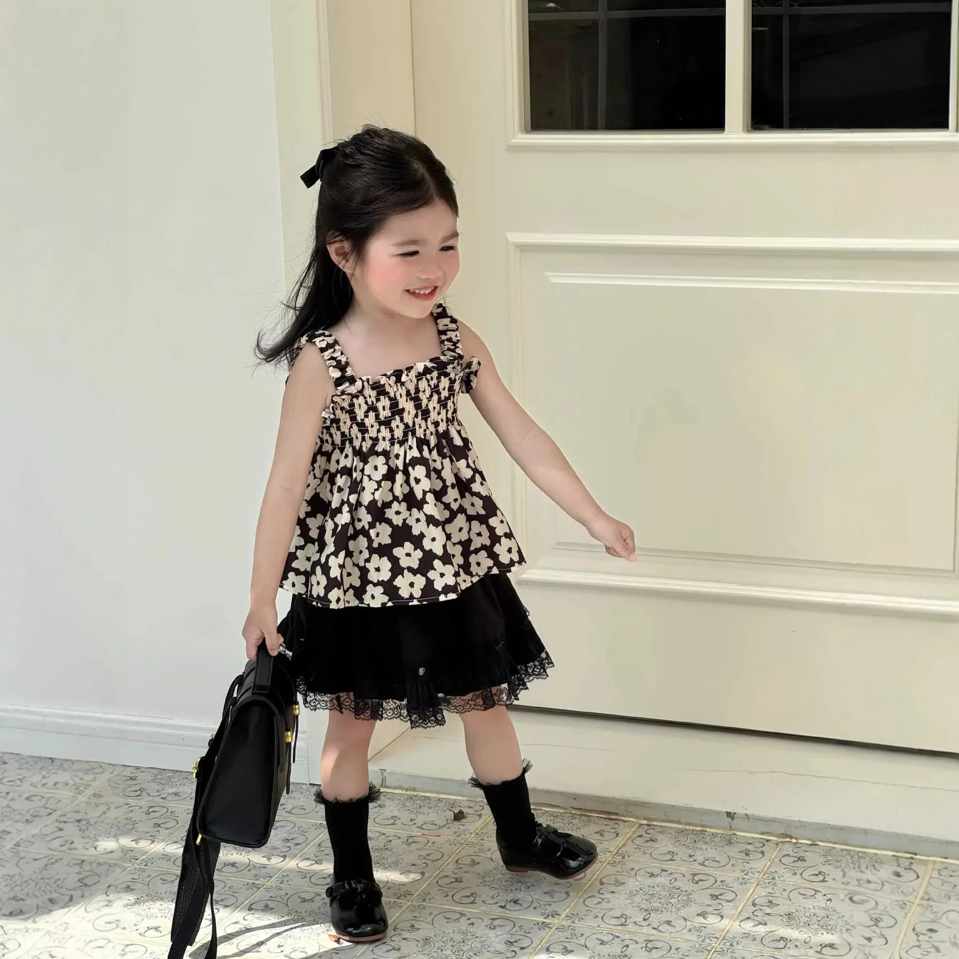 Girls Summer Cute Floral Suspender Pulling Oxford Top Black Lace Skirt Dress Fashion Casual