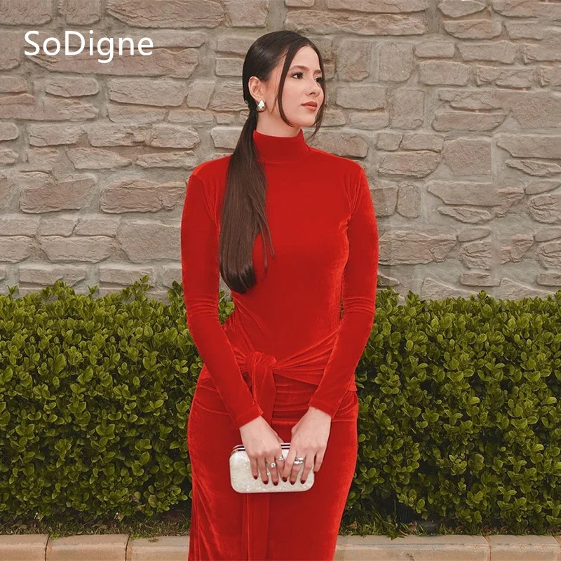 

SoDigne Elegant Red Velvet Evening Dresses Mermaid Full Sleeves High Neck Pleated Party Dress With Ribbons Prom Gowns Customized
