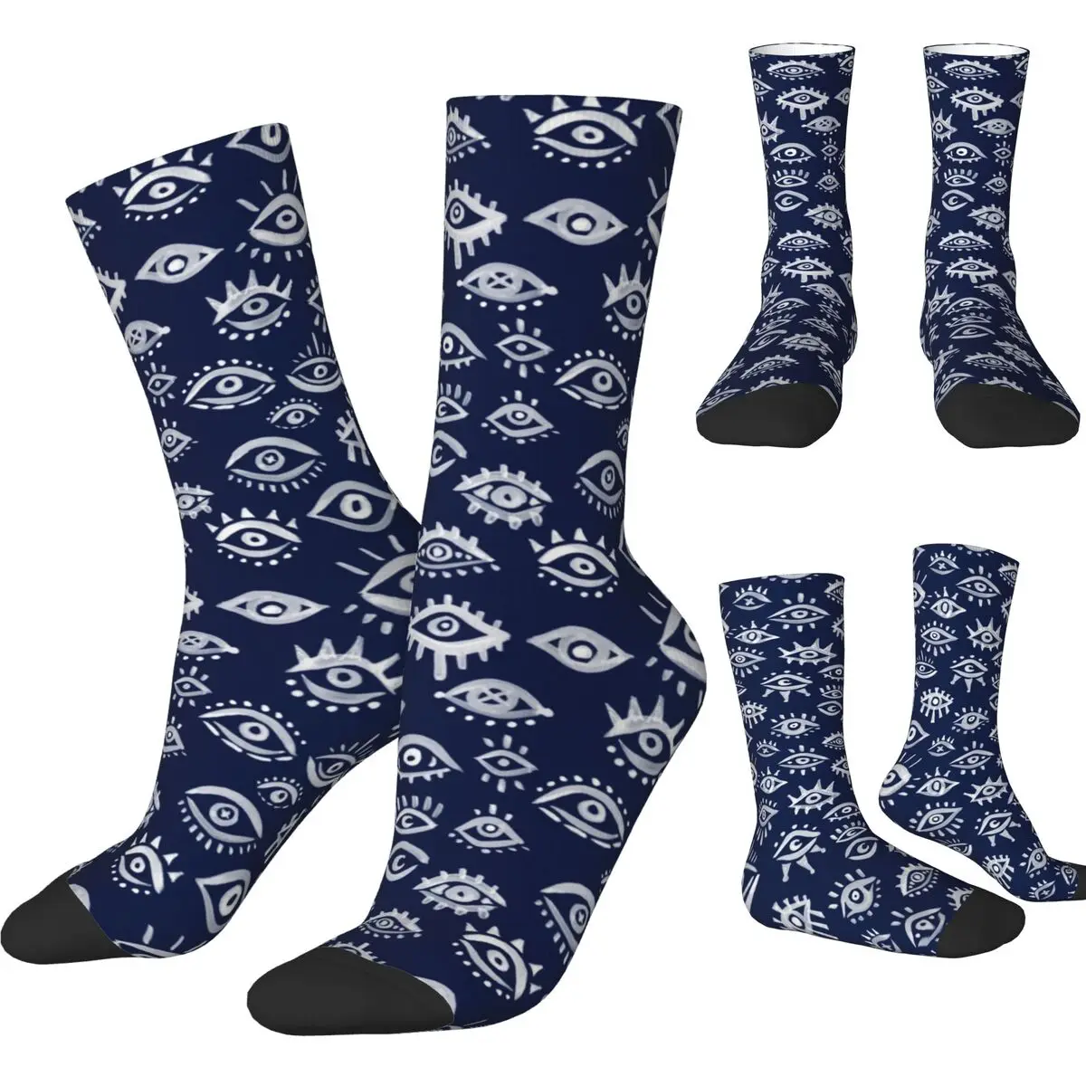 Fashion Men's Socks Harajuku Mystic Eyes White On Navy Sock Evil Eye Blue Nazar Amulet Pattern Boho Skateboard Women's Sock