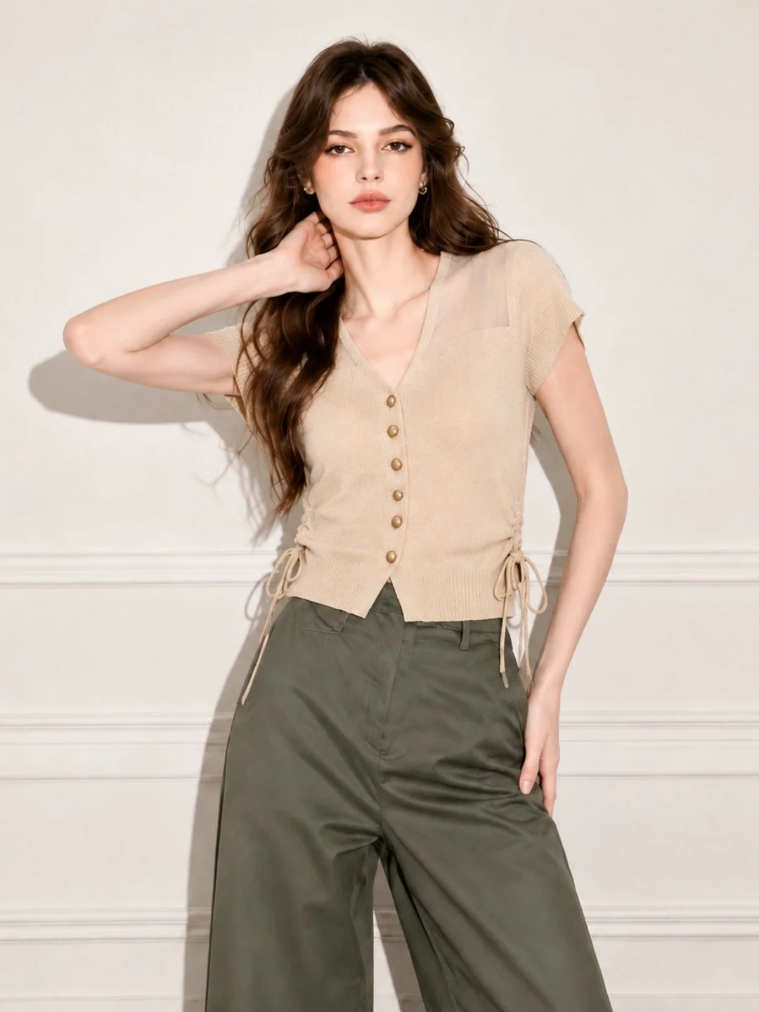 Silk Knitted V-Neck Short Sleeve Top with Drawstring Waist Single Button Design Summer New Style Korean Straight Cut Women's ...