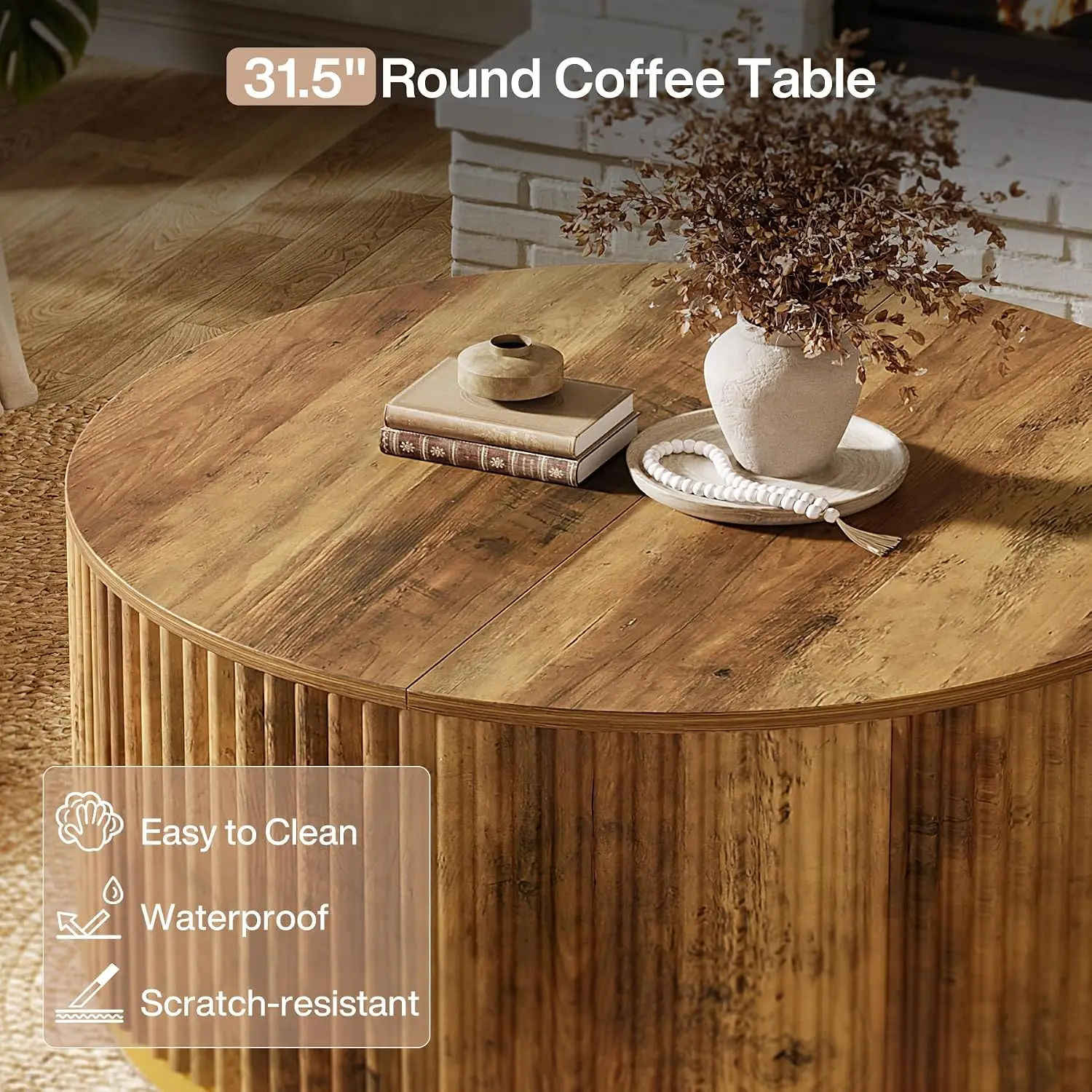 31.5 Inch Round Coffee Table, Fluted Wood Center Table with Stable Drum Base, Rustic Brown Accent Table for Living Room Small Apartment Office Decor view 5