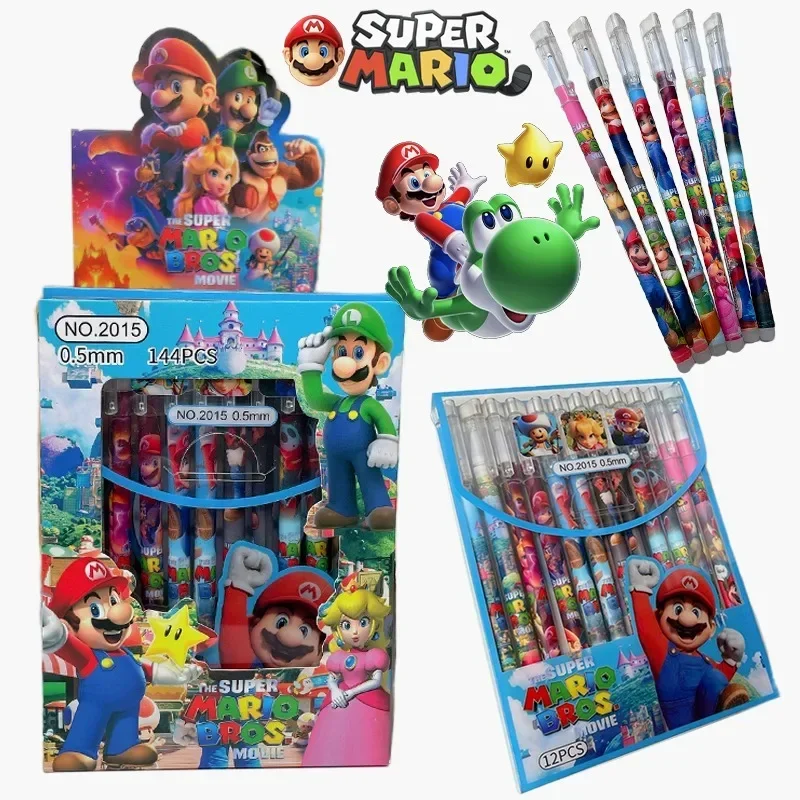 12Pcs Super Mario Bros Black Gel Pen 0.5mm Kid Gel Ink Pen Anime School Office Supplies Cartoon Stationery Writing Pen Set Gifts