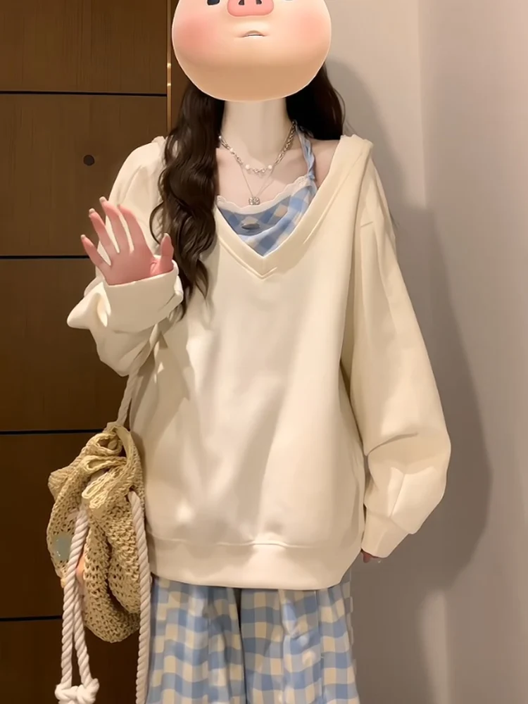 Sweat à capuche à carreaux américain pour femmes, doux et Cool, surdimensionné, paresseux, ample, vêtements d'extérieur, v-ne Long, Version coréenne, printemps automne