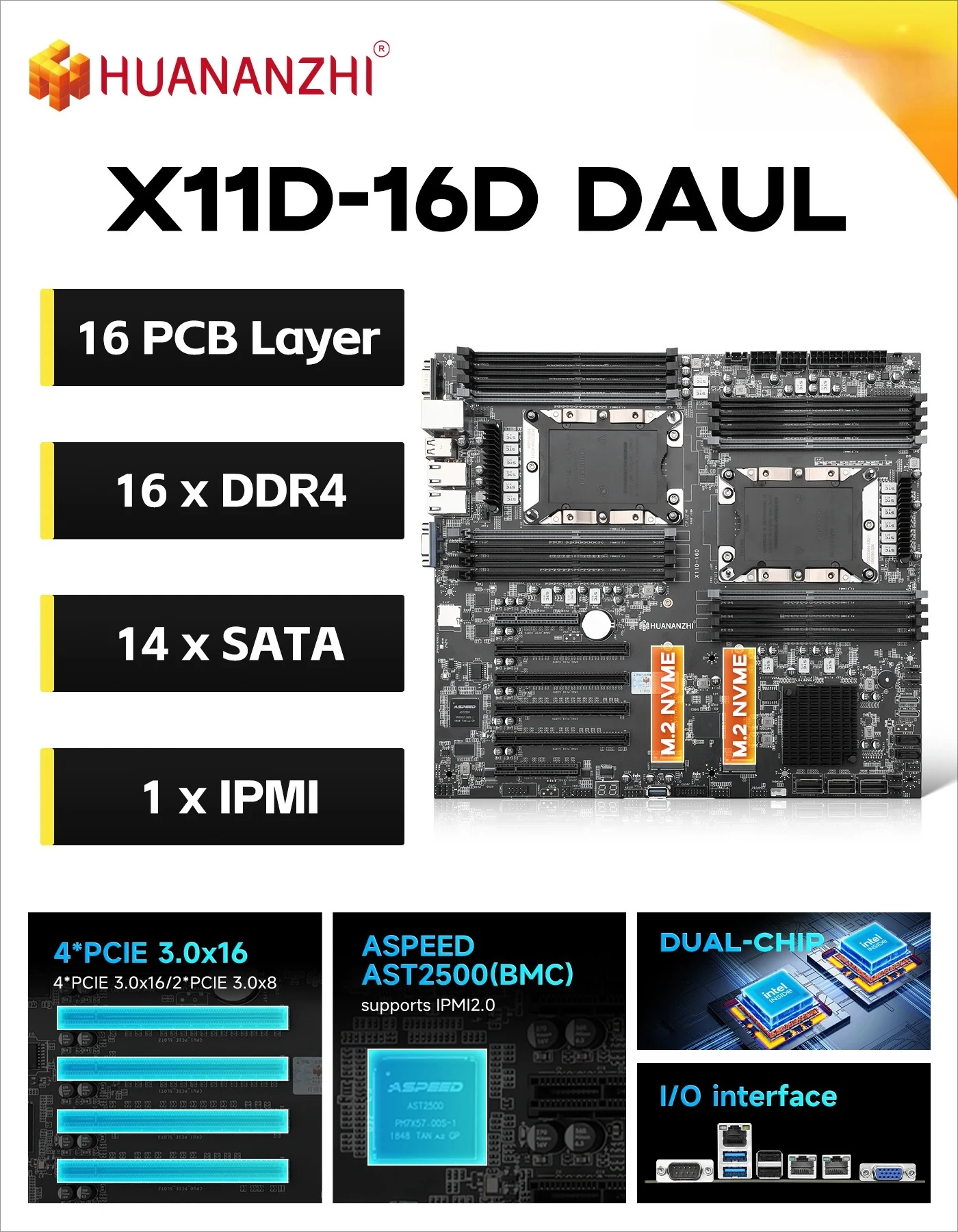 HUANANZHI X11D 16D LGA 3647 XEON X11D Motherboard support Intel XEON 1st and 2nd Gen Dual CPU Supports up to 2TB DDR4 RECC