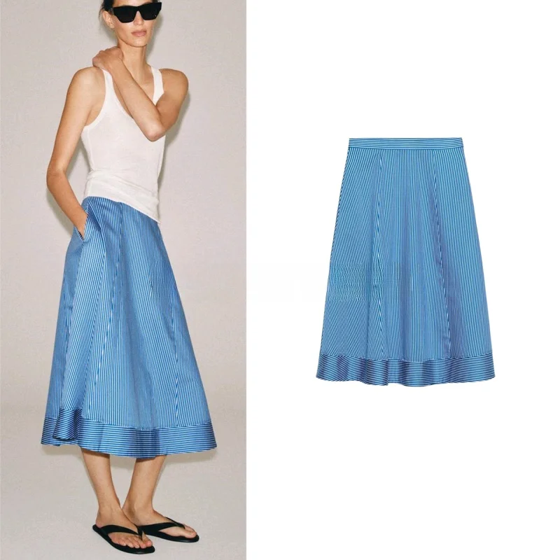 Summer New Arrival Commuter Style A-Line Hem Midi Stripe Cloak Half Skirt Zipper Detail Polyester Fiber mid Waist Fit Type