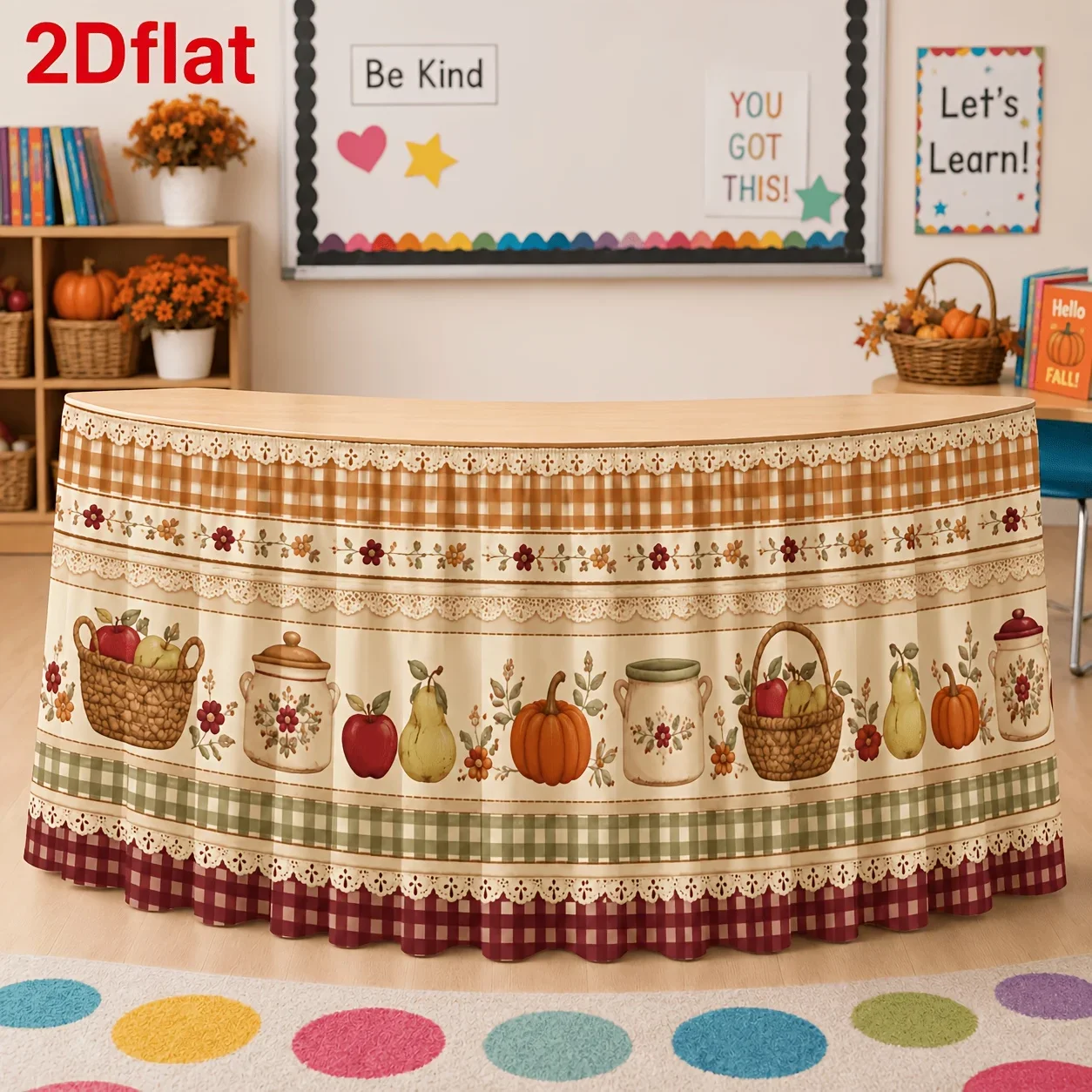 1 piece, tablecloth, featuring a harvest theme, including pumpkins, apples, and pears
