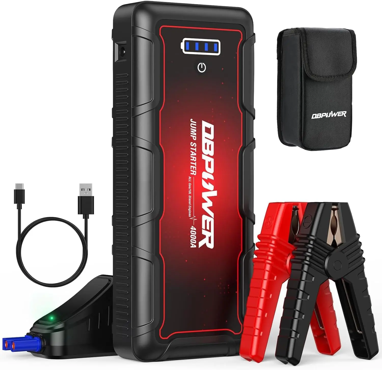 

4000A Peak Portable Car Jump Starter for All Gas/10L Diesel Engines, 12V Battery Booster with Smart Clamps & Quick Charge