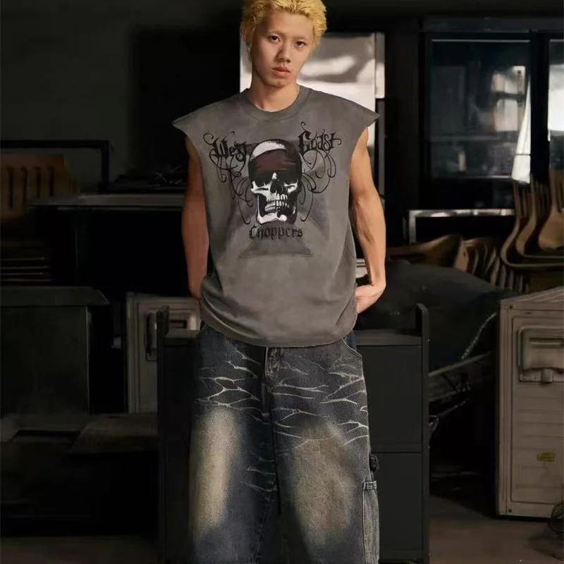 High Street Vintage Washed Gray West Coast Choppers Sleeveless T-Shirt Cotton Patterned Print